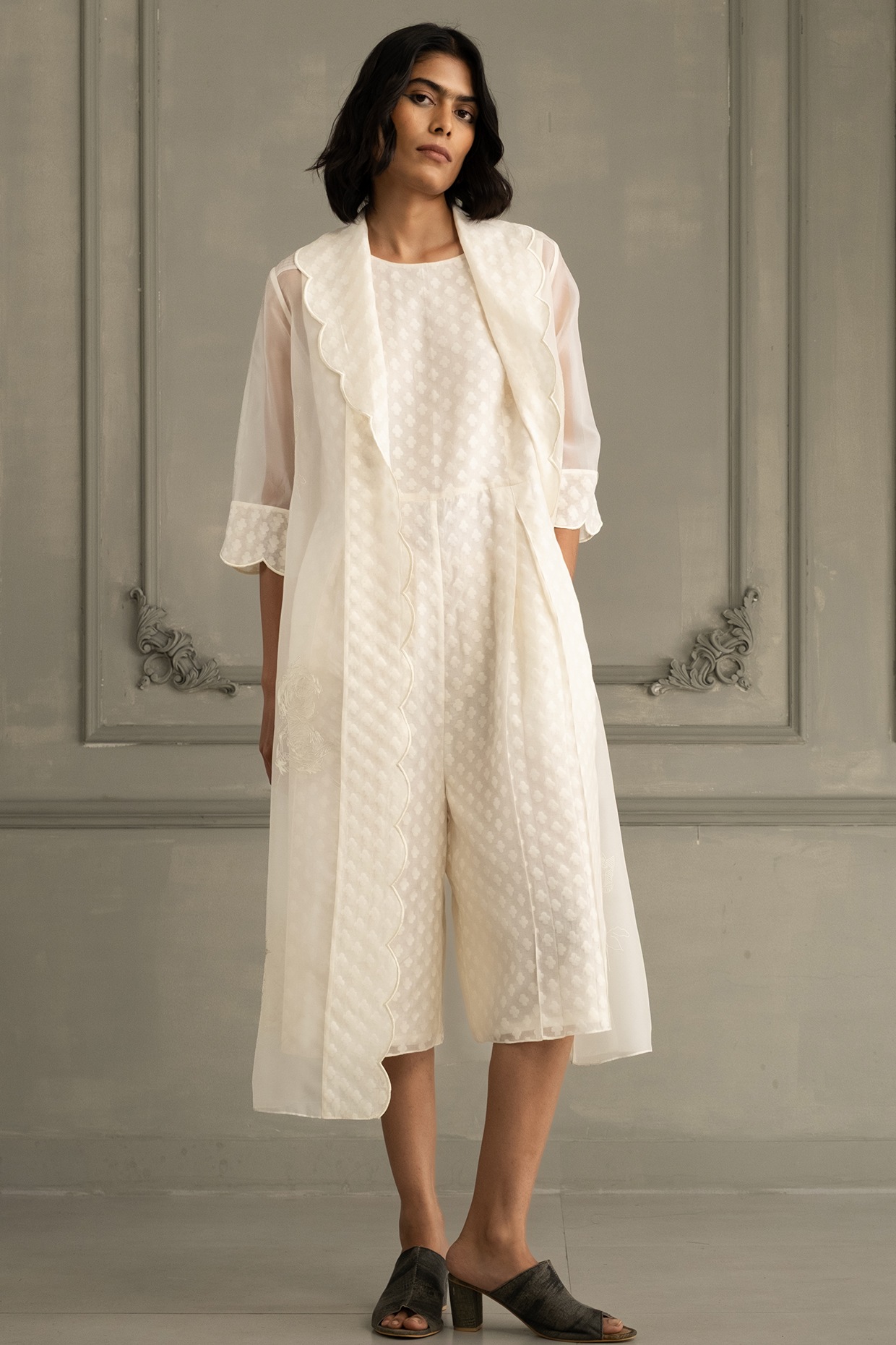 Arcvsh by Pallavi Singh Ivory Organza Machine Embroidered Jacket With Jumpsuit