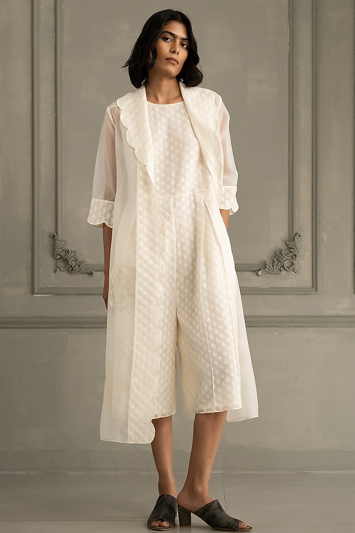 Ivory Organza Machine Embroidered Jacket With Jumpsuit by Arcvsh by Pallavi Singh at Pernia's Pop Up Shop