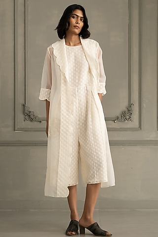 Ivory Organza Machine Embroidered Jacket With Jumpsuit by Arcvsh by Pallavi Singh