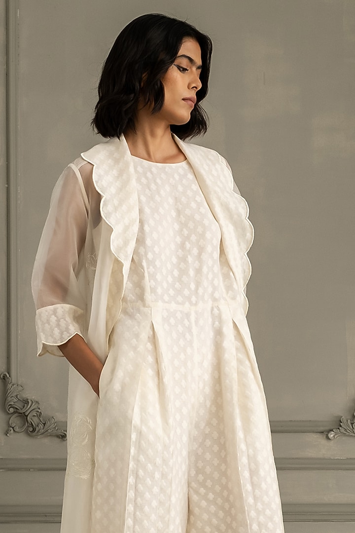 Ivory Organza Machine Embroidered Jacket With Jumpsuit by Arcvsh by Pallavi Singh at Pernia's Pop Up Shop