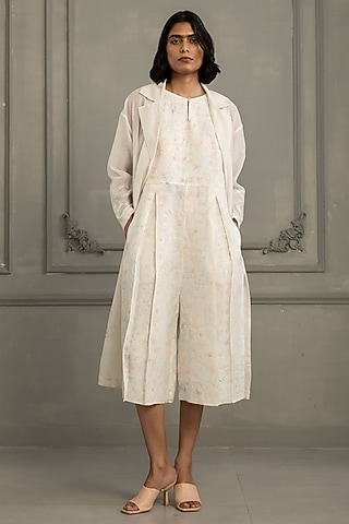 Ivory Mul Chanderi Embroidered & Printed Jacket With Jumpsuit by Arcvsh by Pallavi Singh