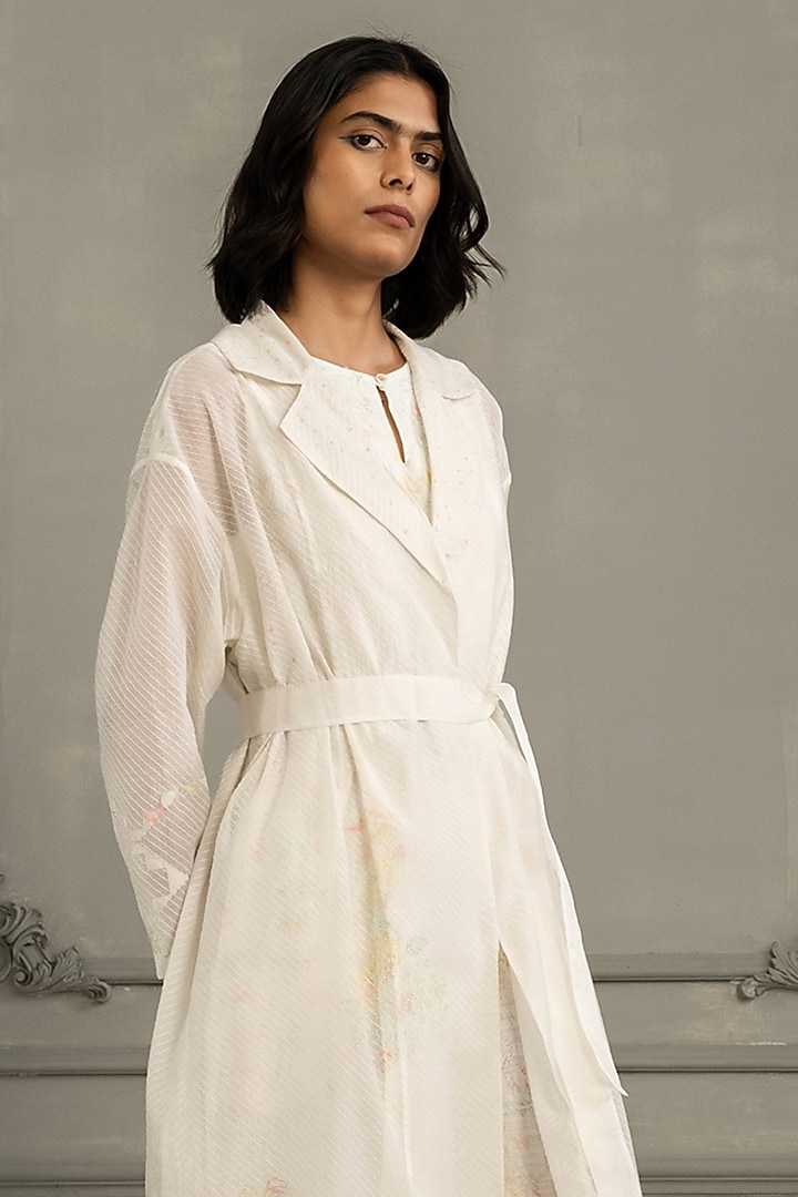 Ivory Mul Chanderi Embroidered & Printed Jacket With Jumpsuit by Arcvsh by Pallavi Singh at Pernia's Pop Up Shop