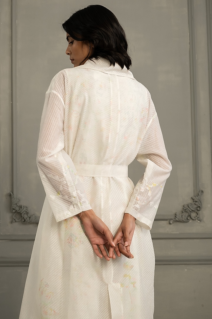 Ivory Mul Chanderi Embroidered & Printed Jacket With Jumpsuit by Arcvsh by Pallavi Singh at Pernia's Pop Up Shop