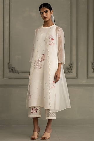 Ivory Silk Chanderi Embroidered & Printed Jacket Set by Arcvsh by Pallavi Singh