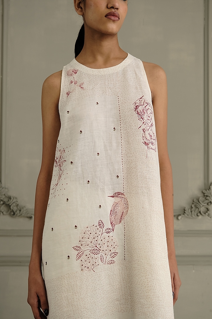 Ivory Linen Embroidered & Printed Tunic Set by Arcvsh by Pallavi Singh at Pernia's Pop Up Shop