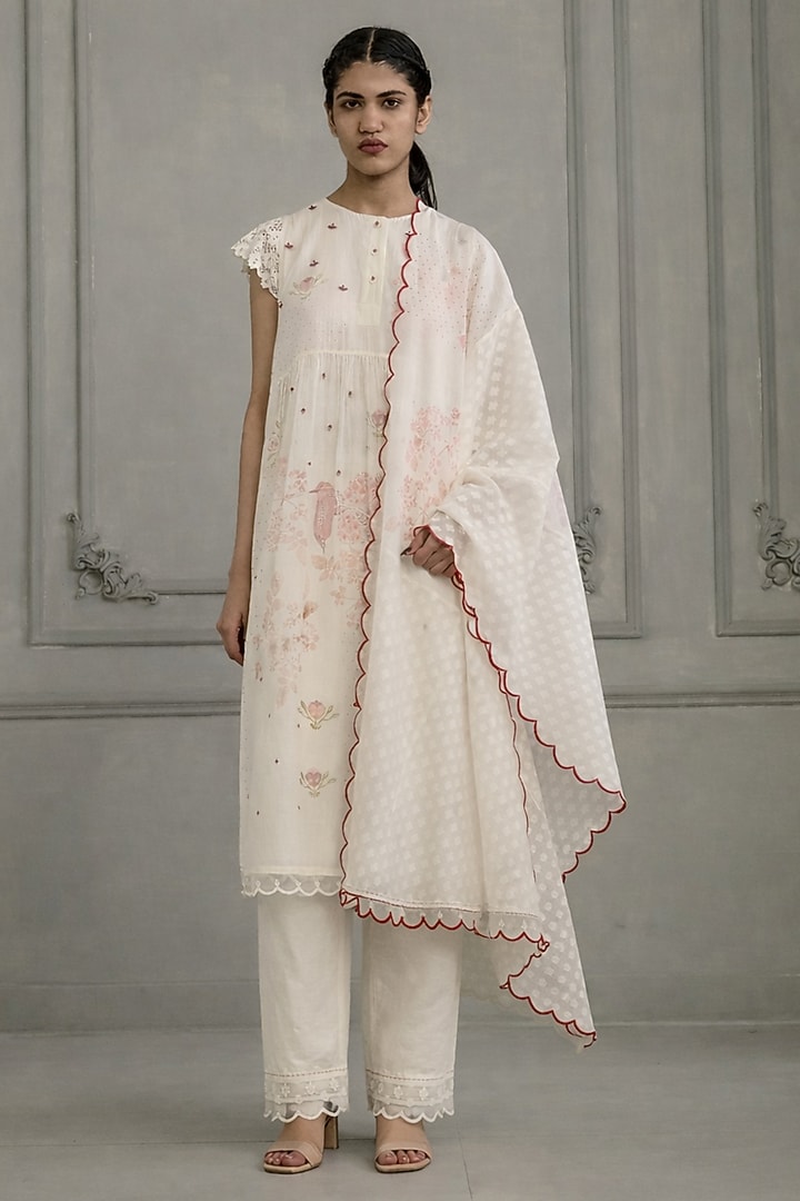 Ivory Mul Chanderi Printed Gathered Tunic Set by Arcvsh by Pallavi Singh at Pernia's Pop Up Shop