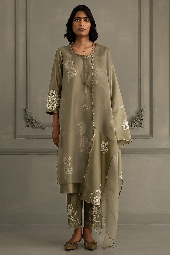 Sage Green Chanderi Printed Layered Tunic Set by Arcvsh by Pallavi Singh at Pernia's Pop Up Shop