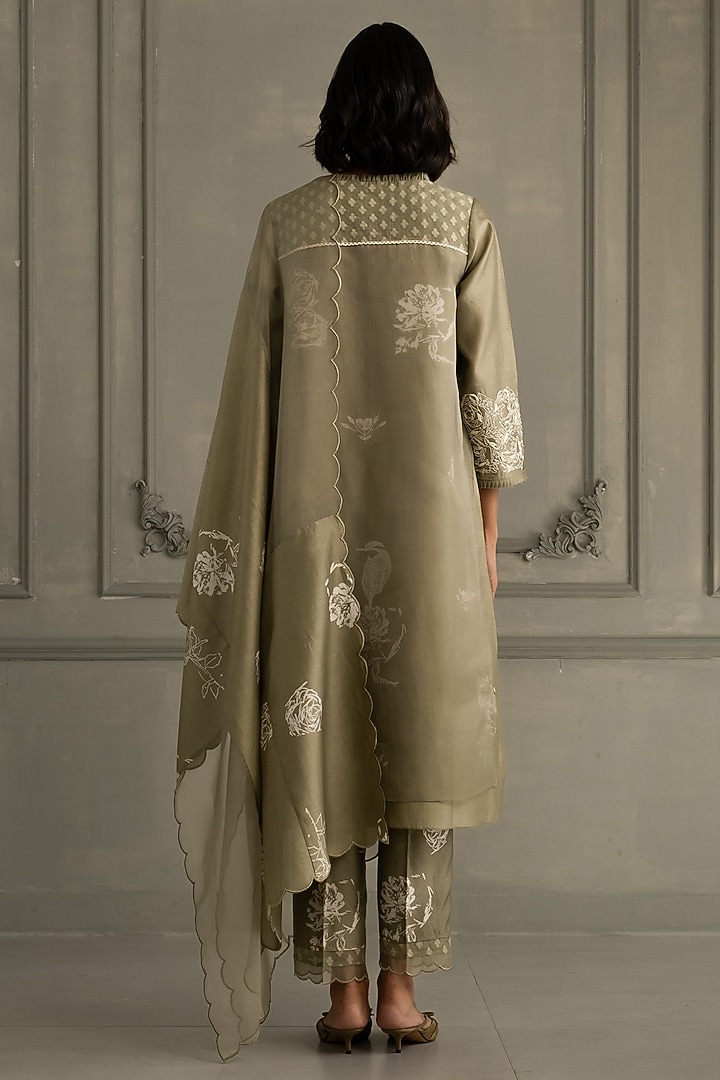 Sage Green Chanderi Printed Layered Tunic Set by Arcvsh by Pallavi Singh at Pernia's Pop Up Shop