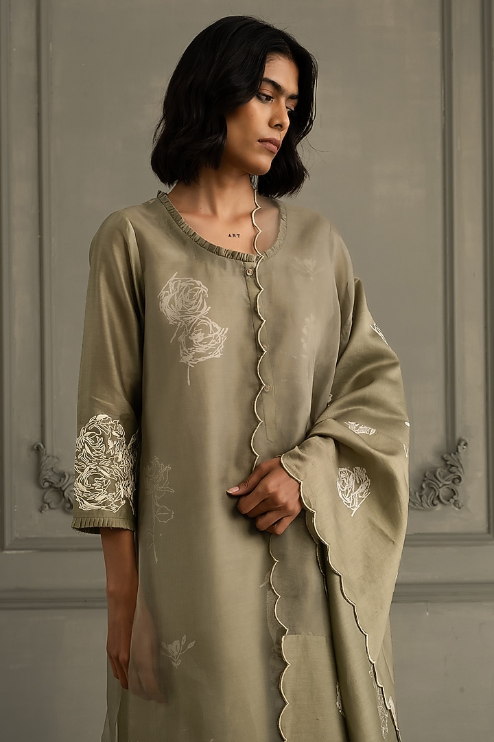 Sage Green Chanderi Printed Layered Tunic Set by Arcvsh by Pallavi Singh at Pernia's Pop Up Shop