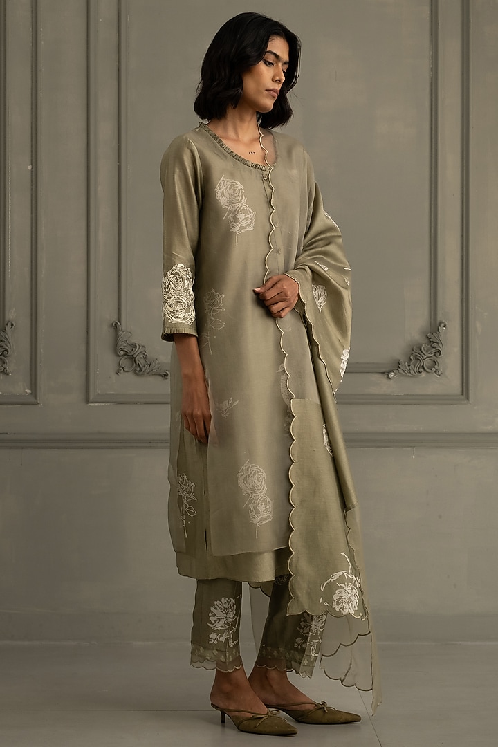 Sage Green Chanderi Printed Layered Tunic Set by Arcvsh by Pallavi Singh at Pernia's Pop Up Shop