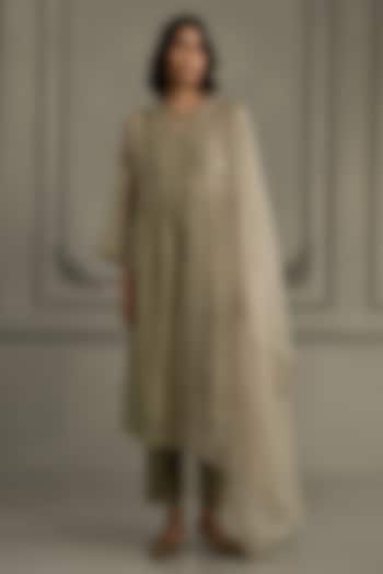 Sage Green Mul Chanderi Embroidered Tunic Set by Arcvsh by Pallavi Singh at Pernia's Pop Up Shop