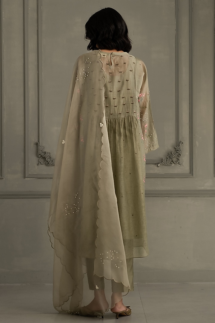 Sage Green Mul Chanderi Embroidered Tunic Set by Arcvsh by Pallavi Singh at Pernia's Pop Up Shop
