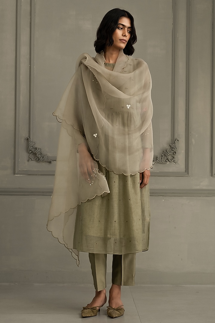 Sage Green Mul Chanderi Embroidered Tunic Set by Arcvsh by Pallavi Singh at Pernia's Pop Up Shop