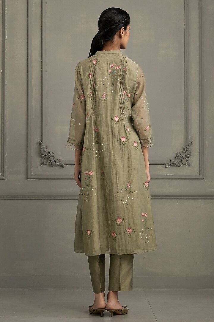Sage Green Mul Chanderi Smocked Tunic Set by Arcvsh by Pallavi Singh at Pernia's Pop Up Shop