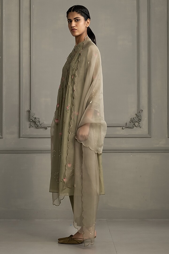 Sage Green Mul Chanderi Smocked Tunic Set by Arcvsh by Pallavi Singh at Pernia's Pop Up Shop