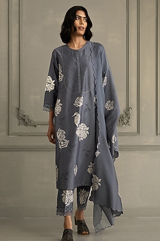 Stone Blue Silk Chanderi Printed Tunic Set by Arcvsh by Pallavi Singh