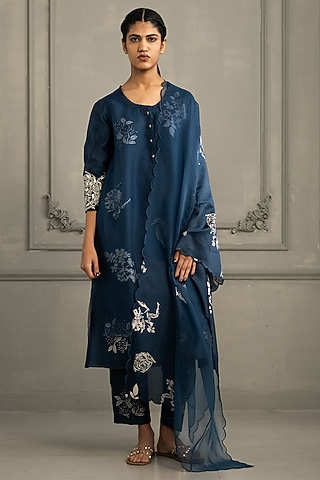 Dark Blue Silk Chanderi Printed Tunic Set by Arcvsh by Pallavi Singh