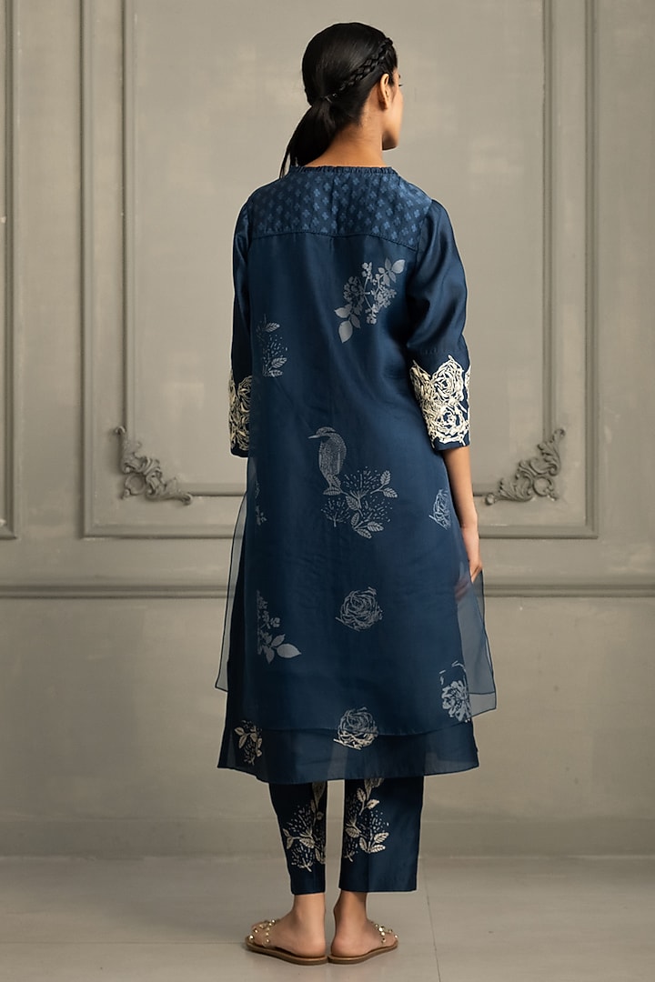 Dark Blue Silk Chanderi Printed Tunic Set by Arcvsh by Pallavi Singh at Pernia's Pop Up Shop