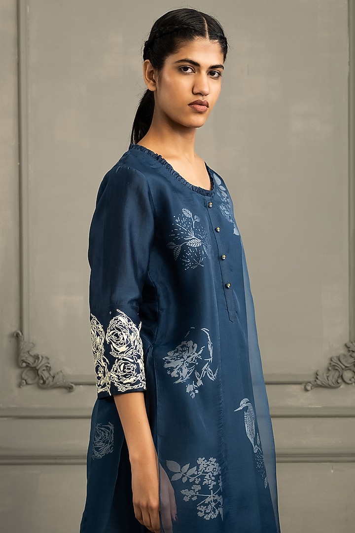 Dark Blue Silk Chanderi Printed Tunic Set by Arcvsh by Pallavi Singh at Pernia's Pop Up Shop