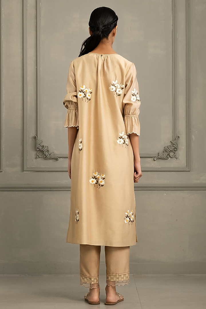 Beige Silk Chanderi Embroidered Tunic Set by Arcvsh by Pallavi Singh at Pernia's Pop Up Shop