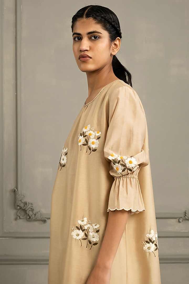 Beige Silk Chanderi Embroidered Tunic Set by Arcvsh by Pallavi Singh at Pernia's Pop Up Shop
