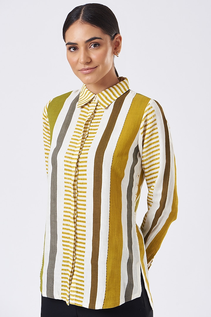 Beige Hand Painted Striped Shirt by Arcvsh by Pallavi Singh at Pernia's Pop Up Shop