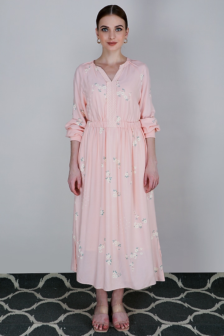 Peach Cherry Blossom Printed Summer Dress by Arcvsh by Pallavi Singh at Pernia's Pop Up Shop
