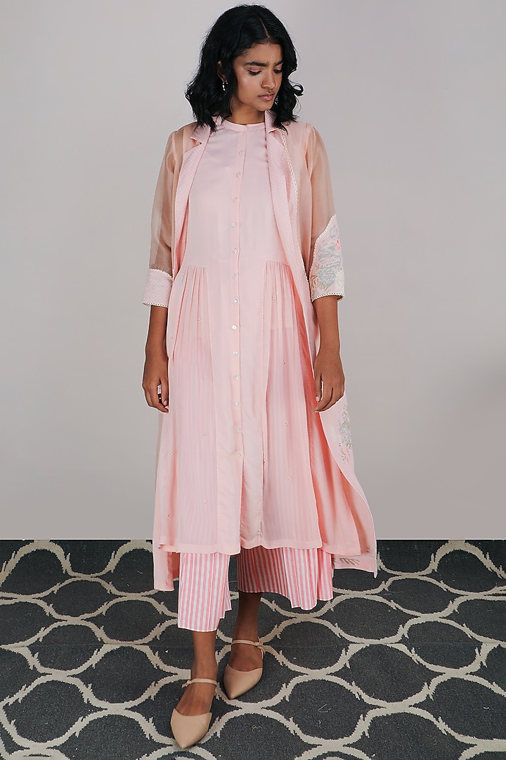 Peach Printed & Embroidered Jacket by Arcvsh by Pallavi Singh at Pernia's Pop Up Shop