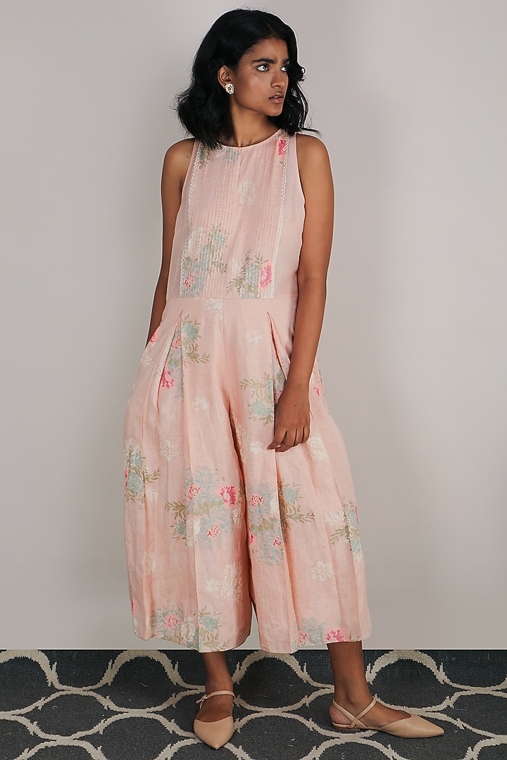 Old Rose Printed & Embroidered Jumpsuit by Arcvsh by Pallavi Singh at Pernia's Pop Up Shop