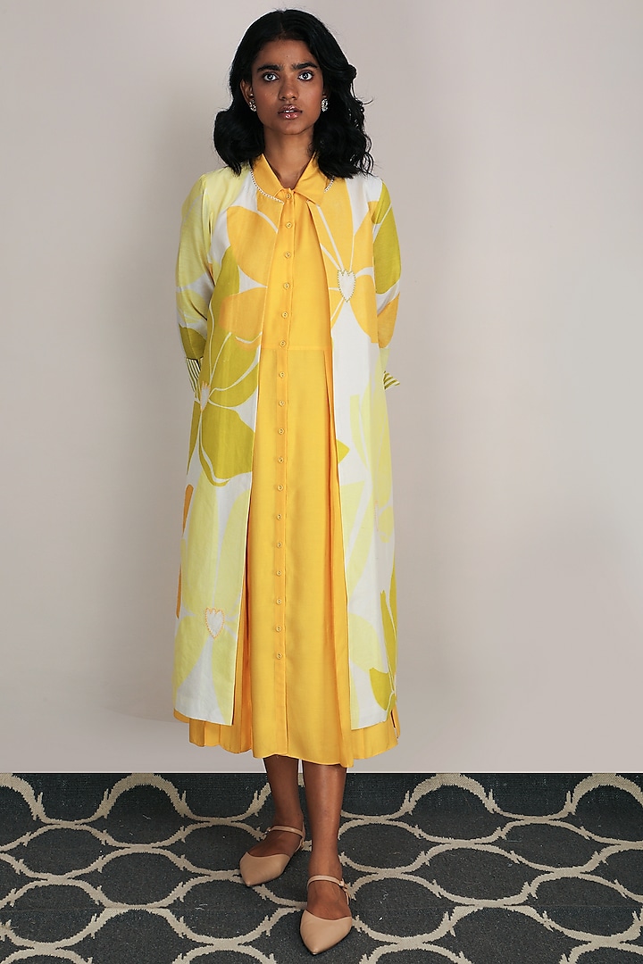 Yellow Pleated Dress With Jacket by Arcvsh by Pallavi Singh