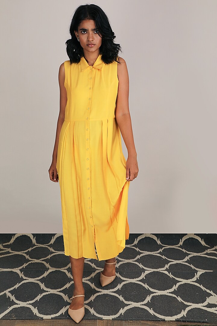 Yellow Pleated Vacation Dress With Jacket by Arcvsh by Pallavi Singh at Pernia's Pop Up Shop