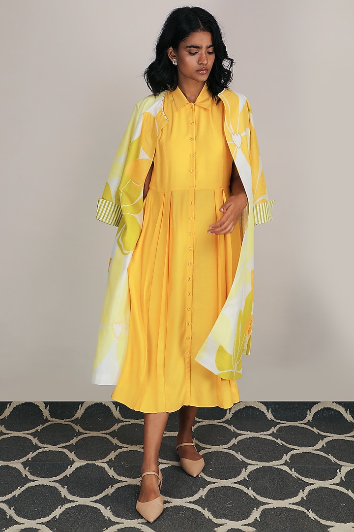 Yellow Lotus Printed Jacket by Arcvsh by Pallavi Singh at Pernia's Pop Up Shop