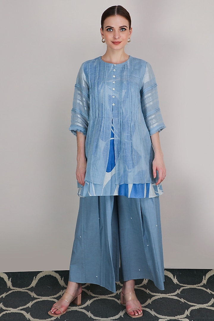 Powder Blue Printed Pleated Top by Arcvsh by Pallavi Singh at Pernia's Pop Up Shop
