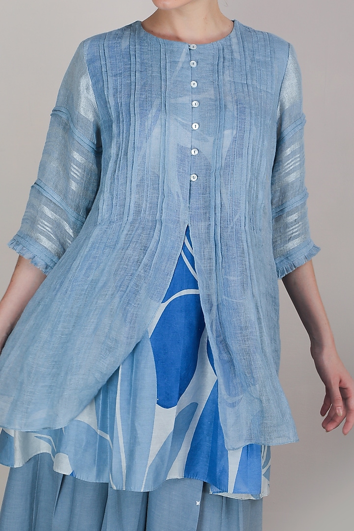 Powder Blue Printed Pleated Top by Arcvsh by Pallavi Singh at Pernia's Pop Up Shop