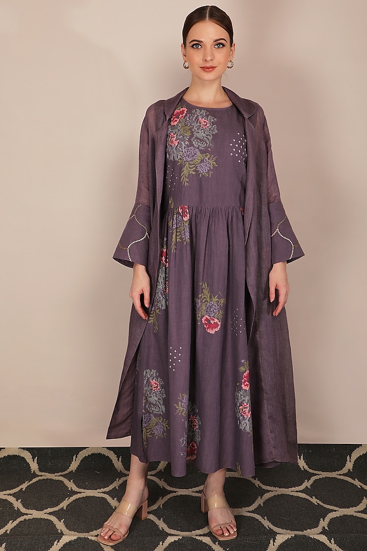 Lavender Rose Printed Dress With Jacket by Arcvsh by Pallavi Singh