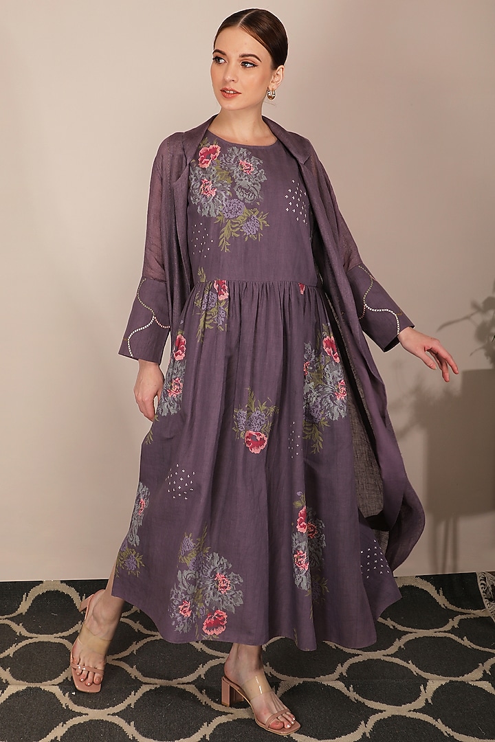 Lavender Rose Printed Vacation Dress With Jacket by Arcvsh by Pallavi Singh at Pernia's Pop Up Shop