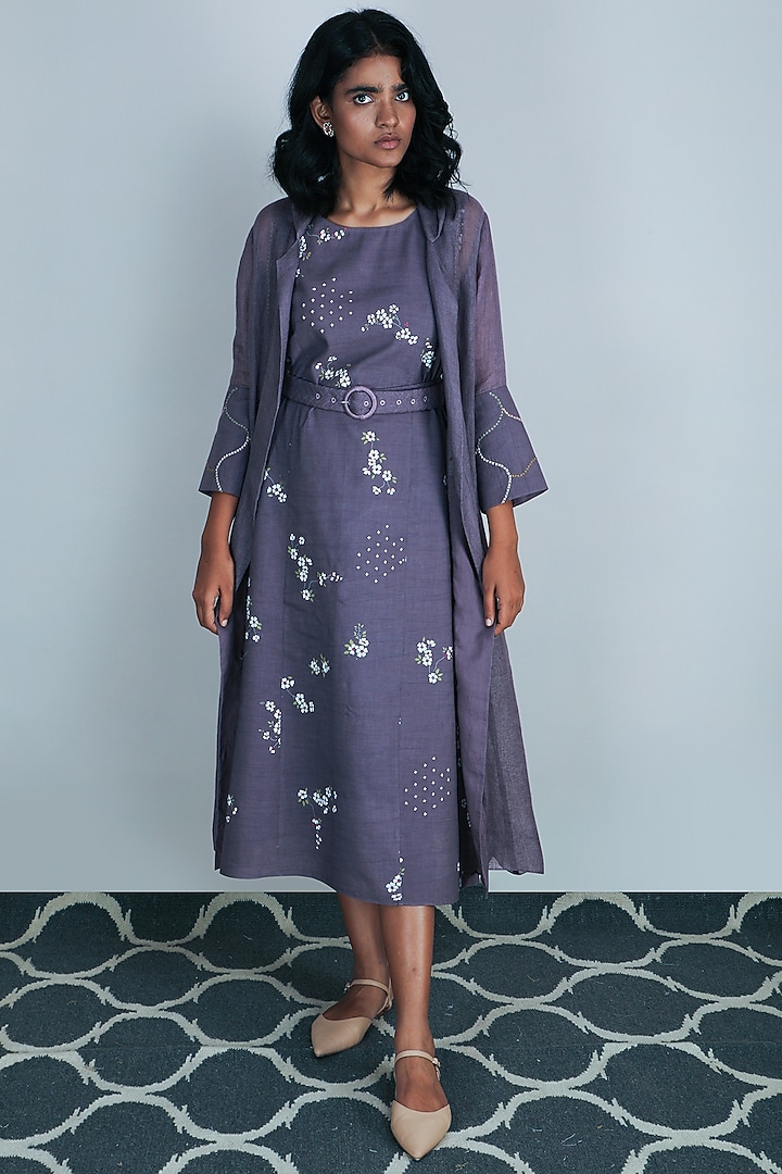 Lavender Printed Vacation Dress With Jacket by Arcvsh by Pallavi Singh at Pernia's Pop Up Shop