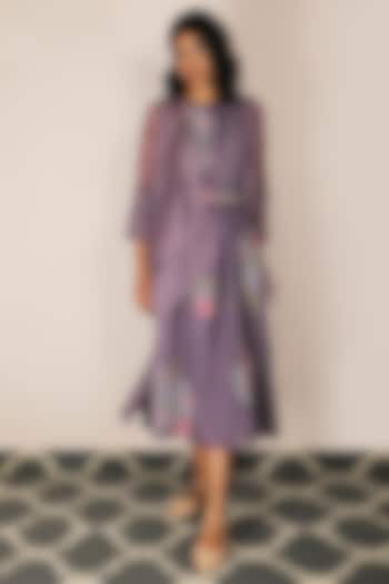 Lavender Rose Printed Dress With Embroidered Jacket by Arcvsh by Pallavi Singh