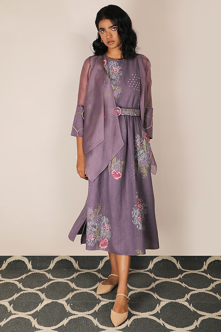 Lavender Rose Printed Dress With Embroidered Jacket by Arcvsh by Pallavi Singh