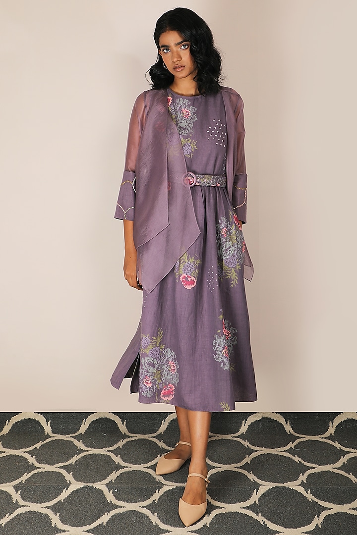 Lavender Rose Printed Vacation Dress With Embroidered Jacket by Arcvsh by Pallavi Singh at Pernia's Pop Up Shop