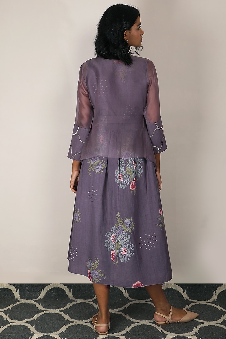 Lavender Rose Printed Vacation Dress With Embroidered Jacket by Arcvsh by Pallavi Singh at Pernia's Pop Up Shop
