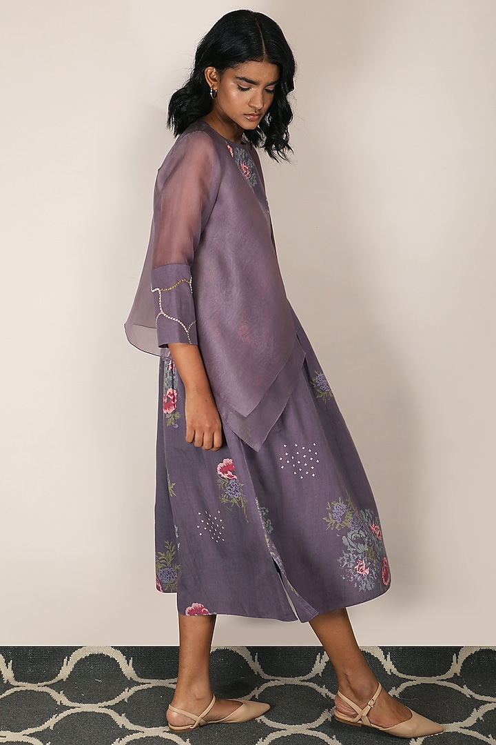 Lavender Rose Printed Vacation Dress With Embroidered Jacket by Arcvsh by Pallavi Singh at Pernia's Pop Up Shop