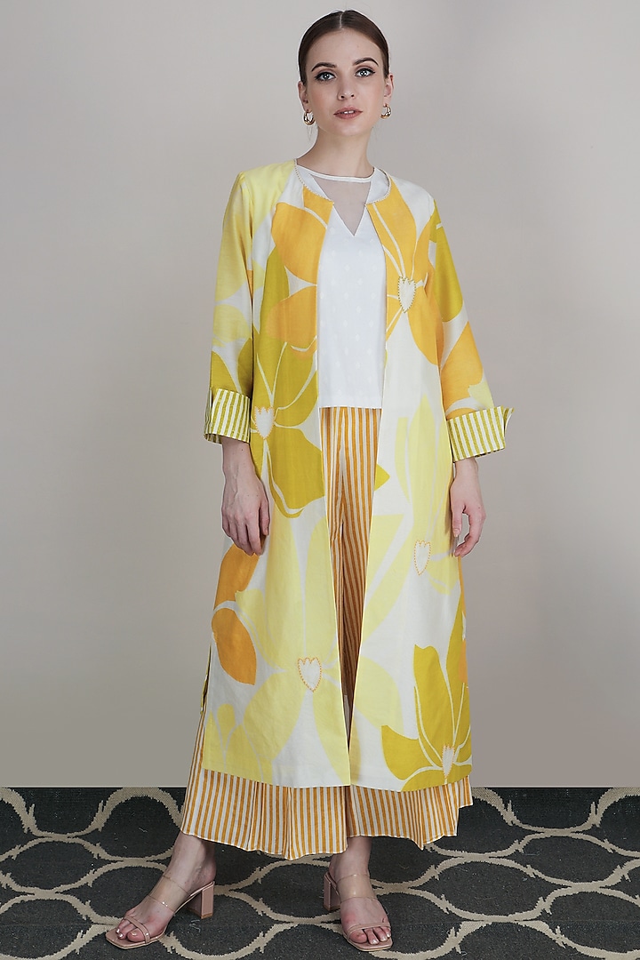 Yellow Lotus Printed Striped Culotte Pant Set by Arcvsh by Pallavi Singh