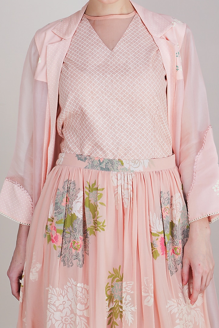 Rose Pink Machine Embroidered Skirt Set by Arcvsh by Pallavi Singh at Pernia's Pop Up Shop