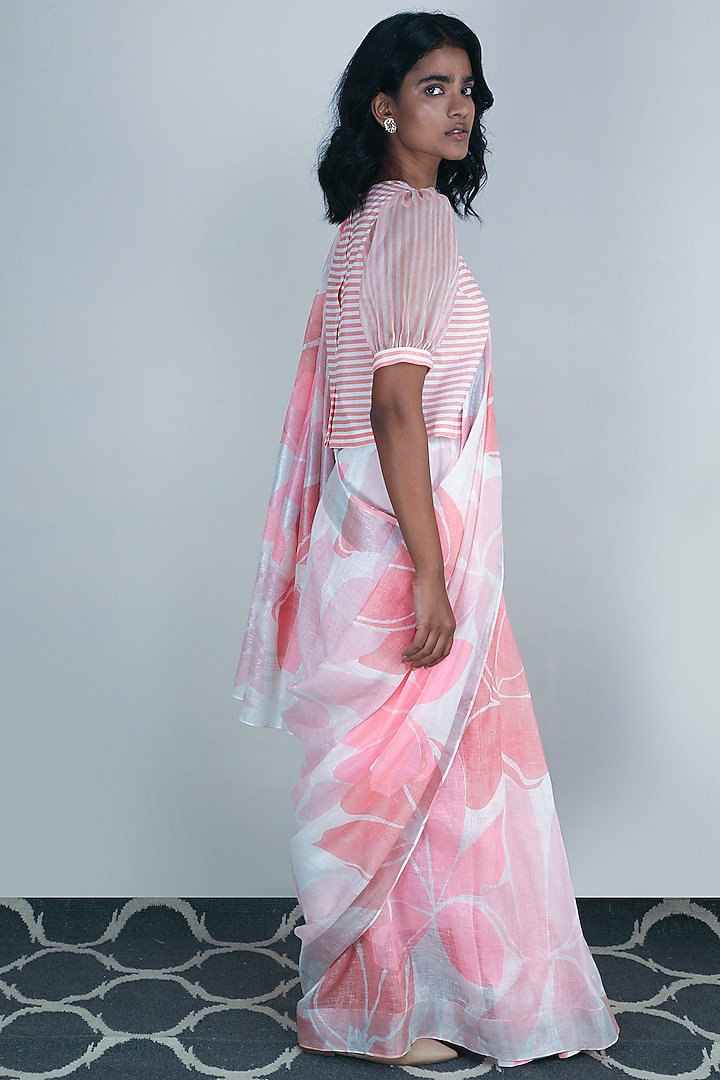 Pink Lotus Printed Party Wear Saree Set by Arcvsh by Pallavi Singh at Pernia's Pop Up Shop