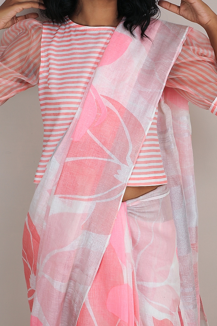 Pink Lotus Printed Party Wear Saree Set by Arcvsh by Pallavi Singh at Pernia's Pop Up Shop