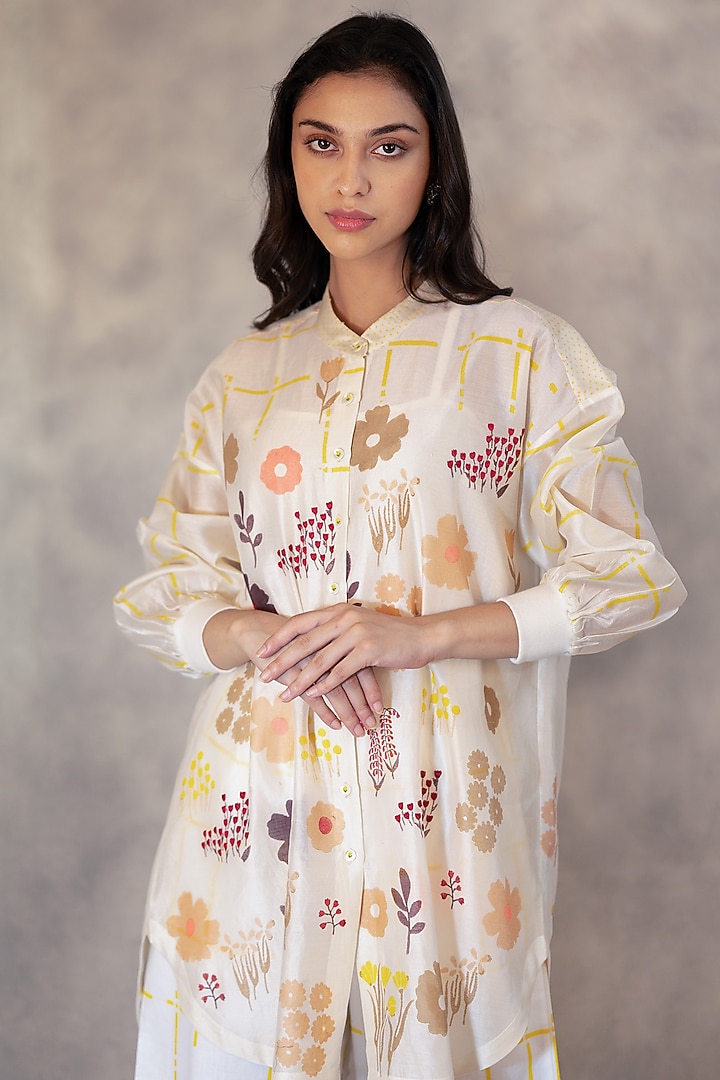 Ivory Hand Block Printed Long Shirt by Arcvsh by Pallavi Singh at Pernia's Pop Up Shop