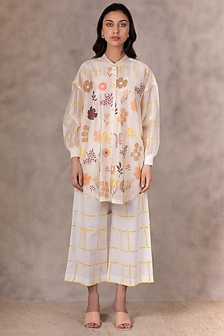 Ivory Linen Printed Pants by Arcvsh by Pallavi Singh
