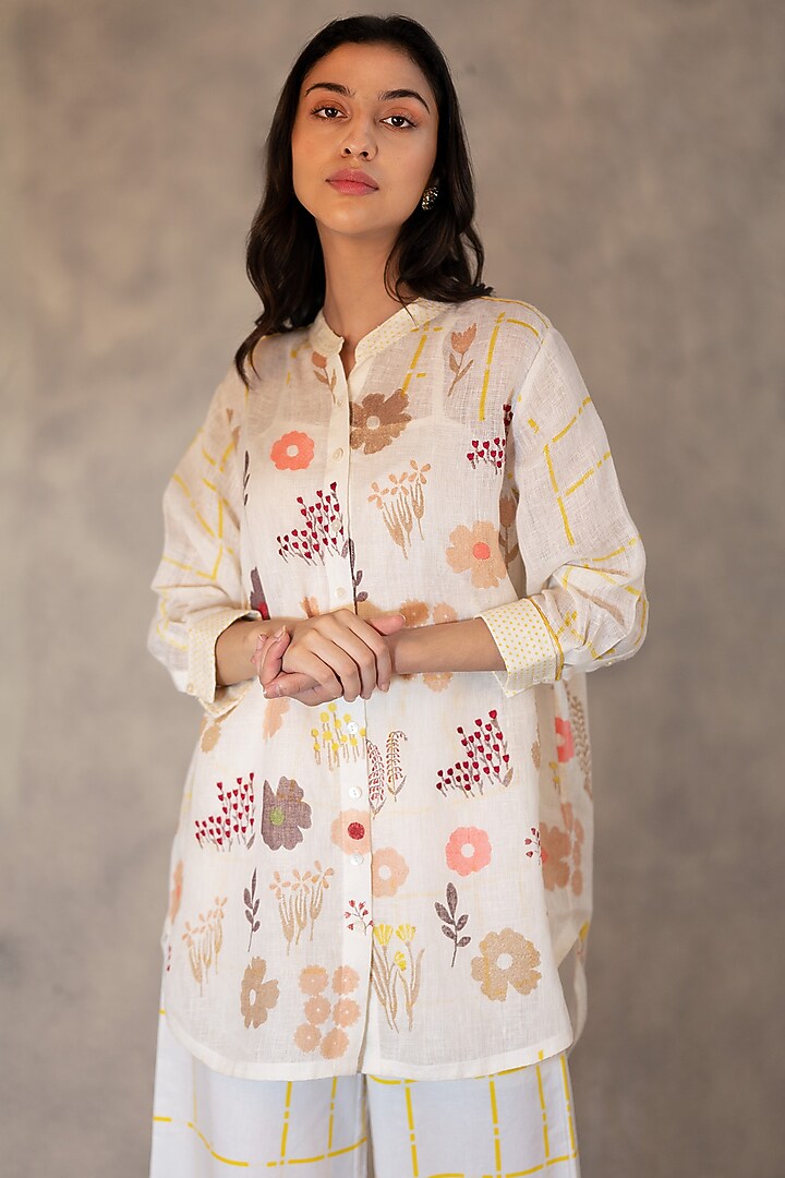 Ivory Gauze Linen Printed Shirt by Arcvsh by Pallavi Singh at Pernia's Pop Up Shop