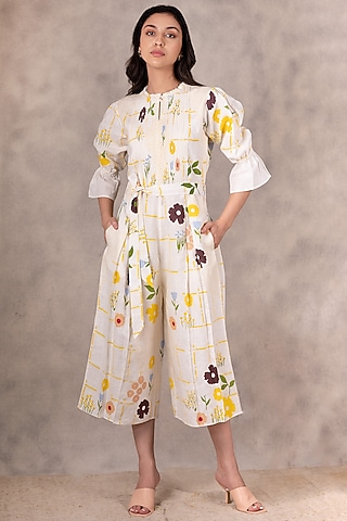 Ivory Hand Block Printed Jumpsuit by Arcvsh by Pallavi Singh